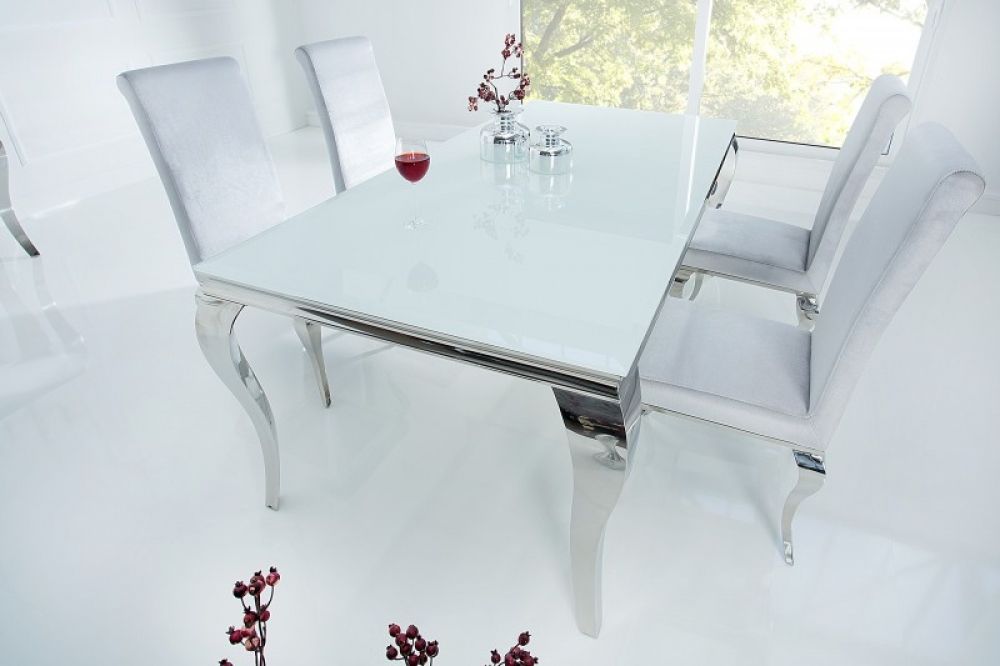 Masa dreptunghiulara din Sticla securizata Alb/Argintiu de 6 persoane L180x90cm Baroque