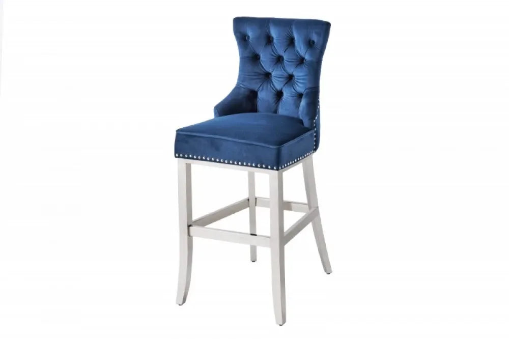 Scaun de bar tapitat cu Catifea Albastru cu picioare din Otel inoxidabil Argintiu H116xL51xA60cm Castle Deluxe