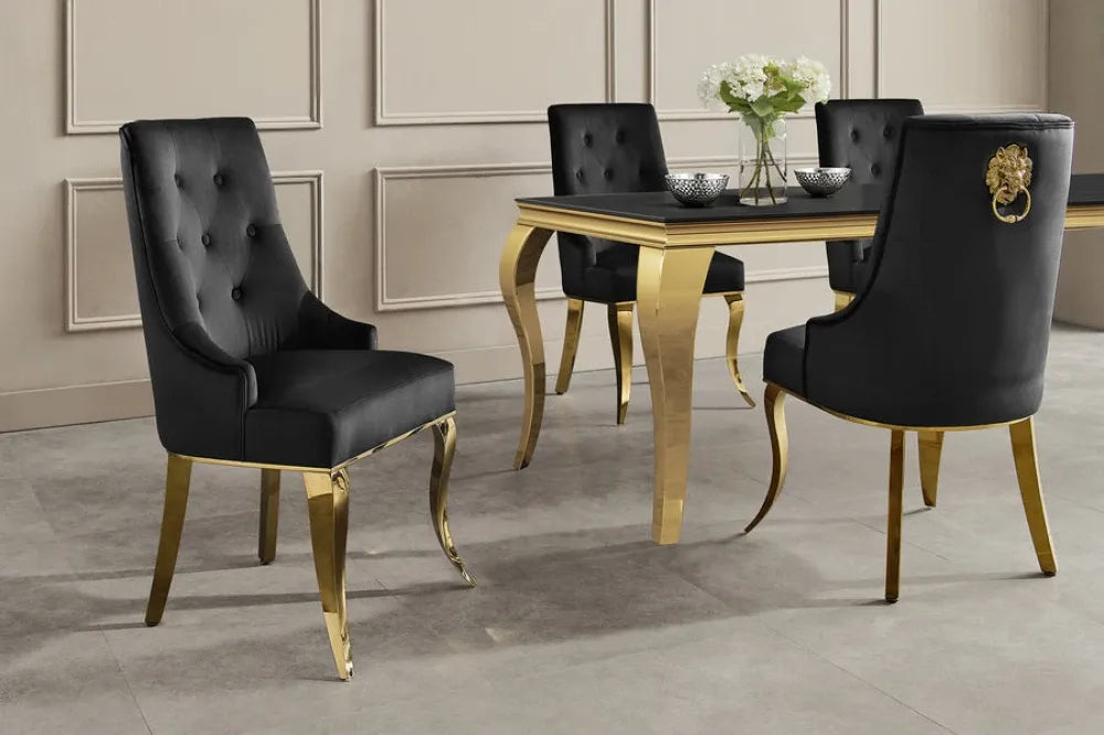 Set 2 scaune tapitat cu Catifea Negru si picioare din Metal Auriu H54xL100xA53cm MODERN BAROCK LION