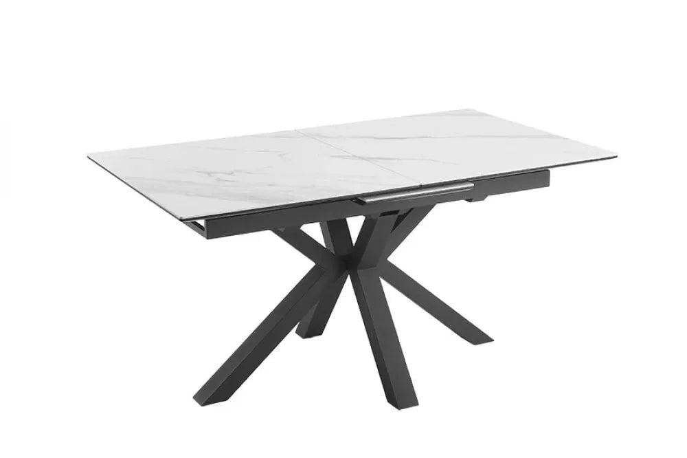 Masa din Sticla securizata/Ceramica Alb cu efect de marmura si Metal Negru L160-200xH76cm Eternity