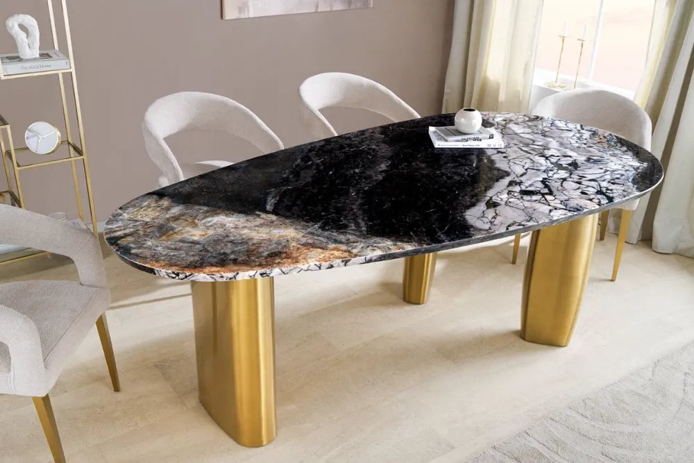 Masa din Marmura Multicolor si Metal Auriu L200xH76cm Organic