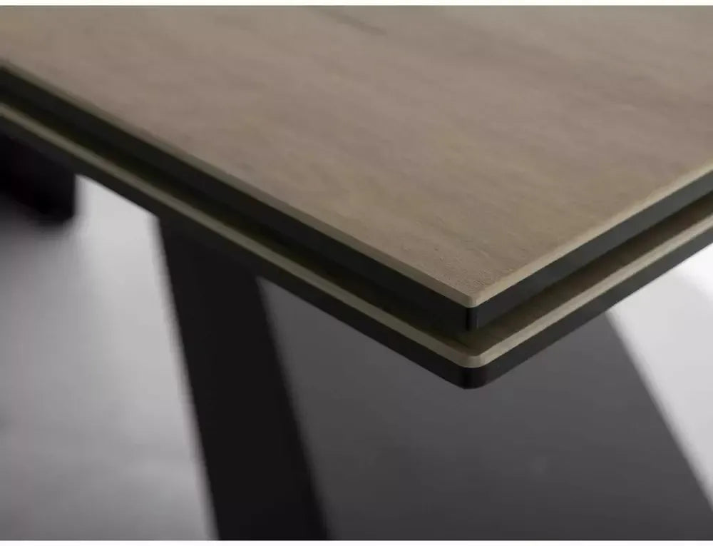Masa Extensibila de 12 persoane din Sticla securizata+Ceramica Maro deschis si Metal Negru mat DxH77cm Westin
