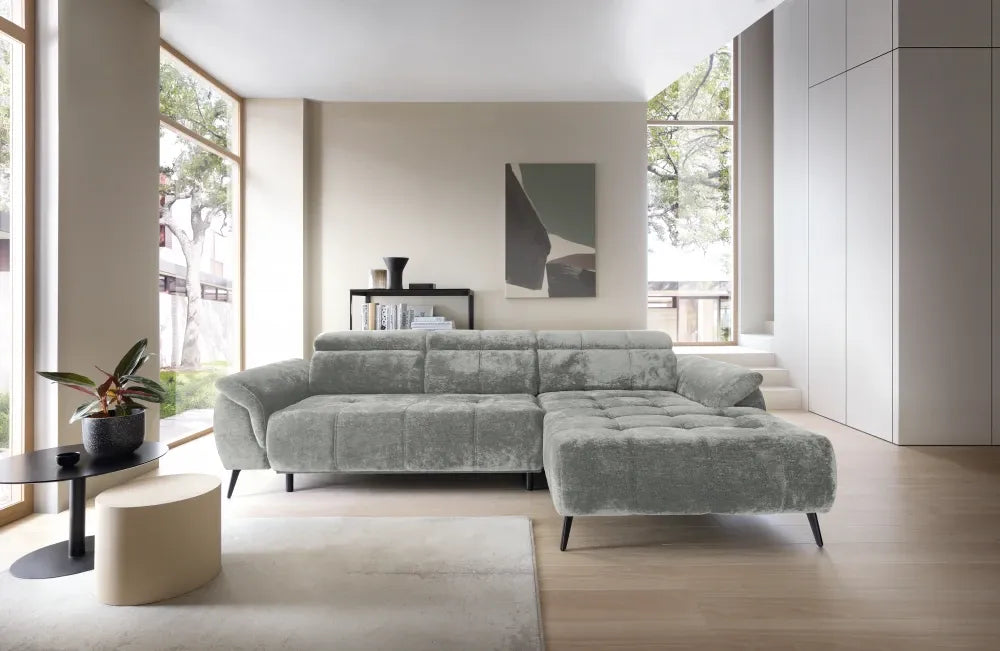 Coltar extensibil electric tapitat cu Chenille Gri deschis cu lada depozitare Genova I