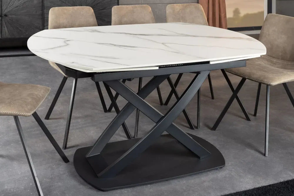 Masa extensibila din Ceramica Alb cu efect de marmura si Metal Negru L130-190xH75cm Inception