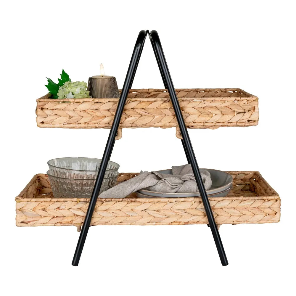 Etajera din Metal negru si spatii depozitare impletite natural Maro/Negru H43,5xL42cm Alfaro