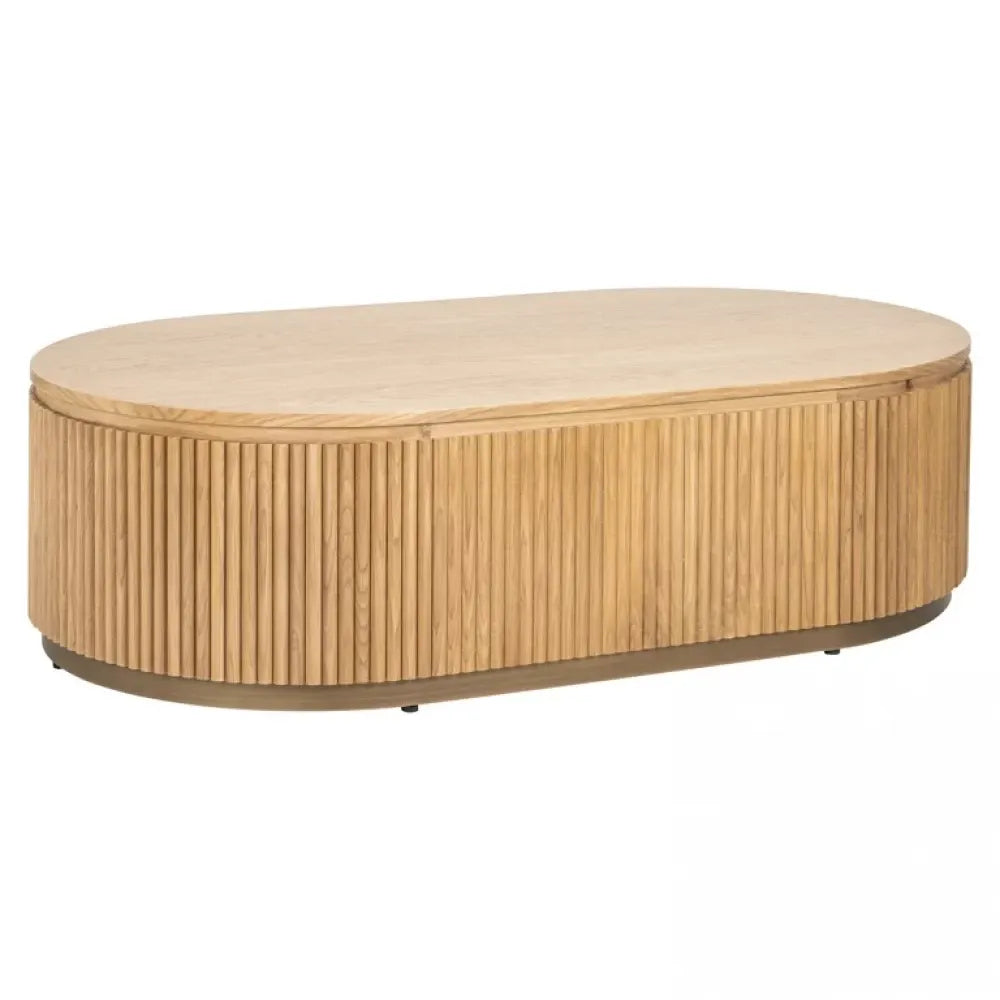 Masuta de cafea Ovala din Furnir de stejar Maro deschis si Metal Auriu L140xH38cm Belfort Richmond Interiors