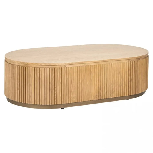 Masuta de cafea Ovala din Furnir de stejar Maro deschis si Metal Auriu L140xH38cm Belfort Richmond Interiors