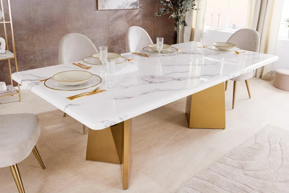 Masa din Marmura Alb si Metal Auriu L200xH76cm Extravagancia