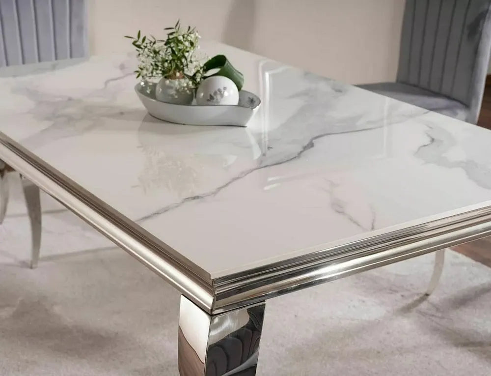 Masa extensibila din Ceramica Alb cu efect de marmura si Metal Argintiu L180xH75cm Prince