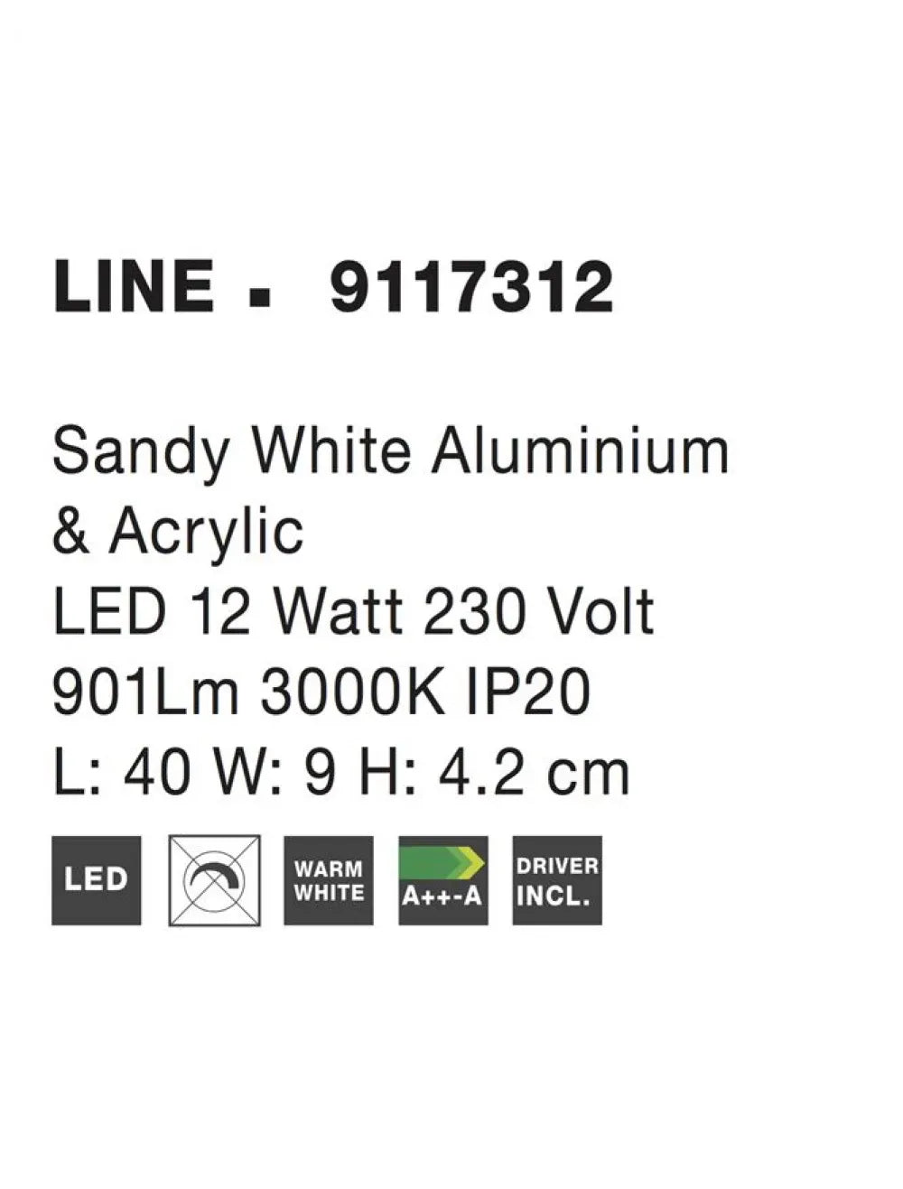 Aplica de perete structura din Aluminiu Alb si abajur din Acrilic  H4.2xL40cm IP20 12W 901lm 3000k LINE
