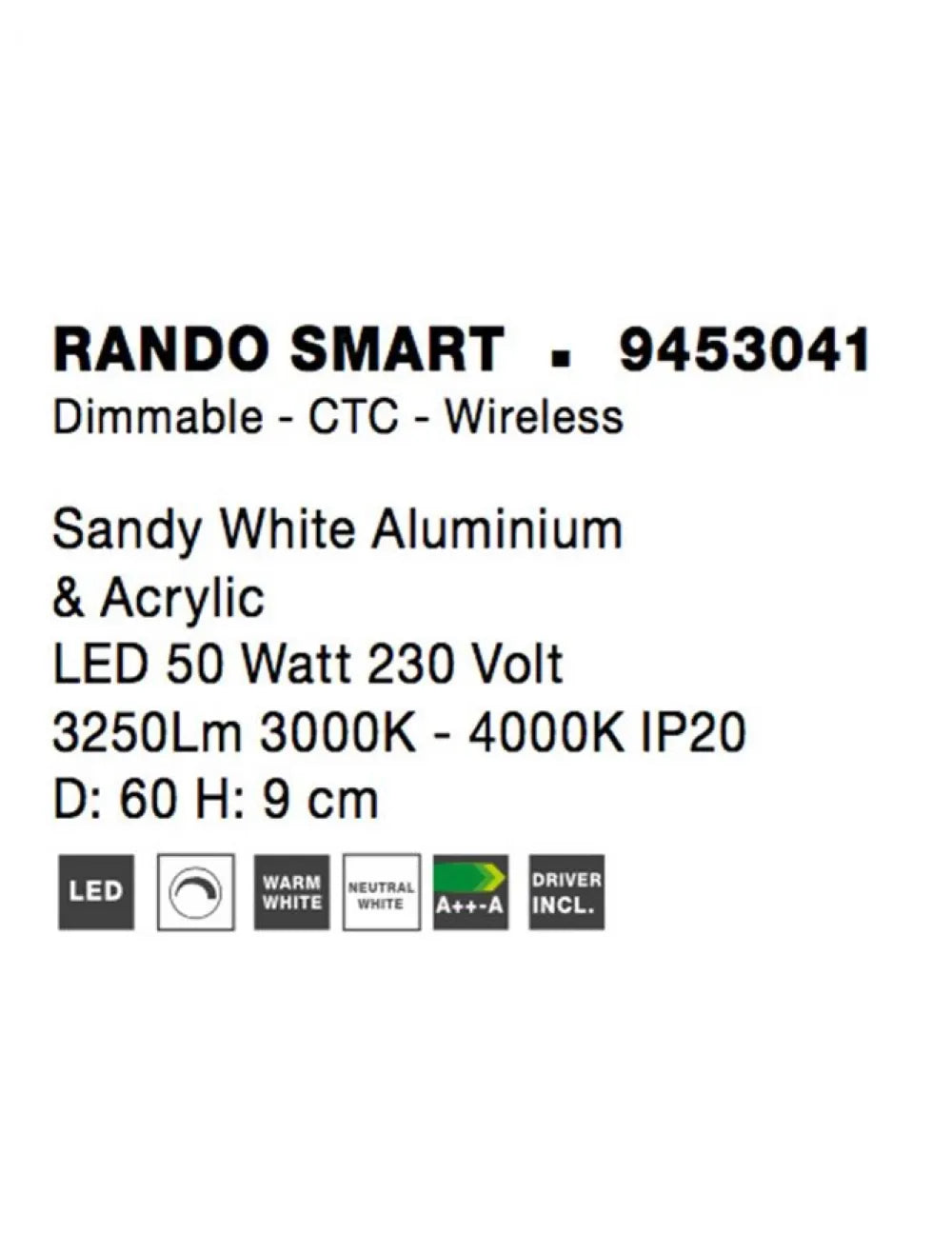 Plafoniera structura din Aluminiu Alb si abajur din Acrilic  H9xL60cm IP20 50W 2864lm 3000-4000k RANDO SMART