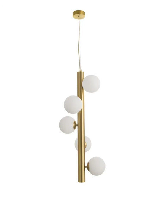 Pendul 5 becuri structura din Metal Alama antichizata si abajur din Sticla Alb H150xL31.5cm IP20 JAKLIN