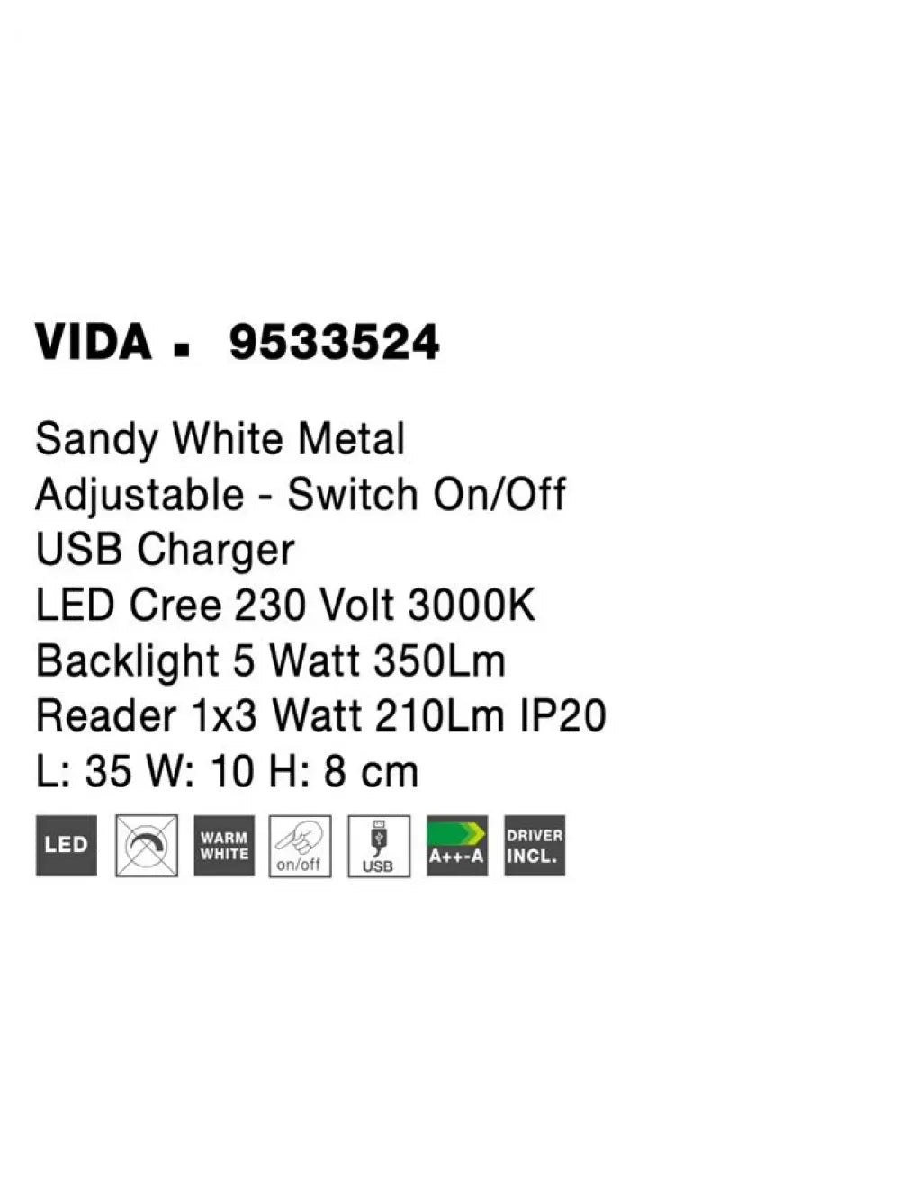 Aplica de perete structura din Metal Alb si abajur din Acrilic  H8xL35cm IP20 8W 560lm 3000k VIDA