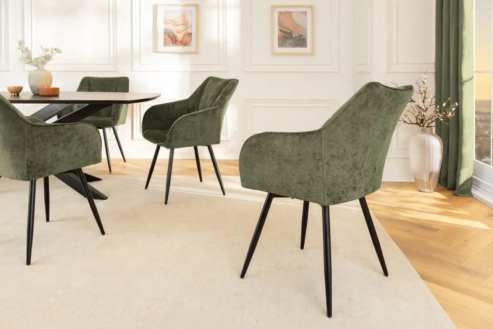 Set 2 scaune rotative cu brate tapitat cu Chenille Verde si picioare din Metal Negru H85xL55xA58cm Avignon