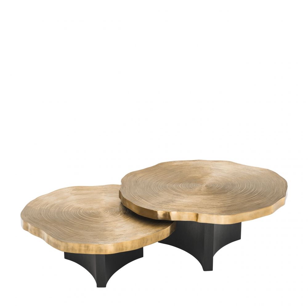 Set 2 masute de cafea Rotunde din MDF si Lemn masiv Negru/Auriu D85/95xH34/41cm Thousand Oaks