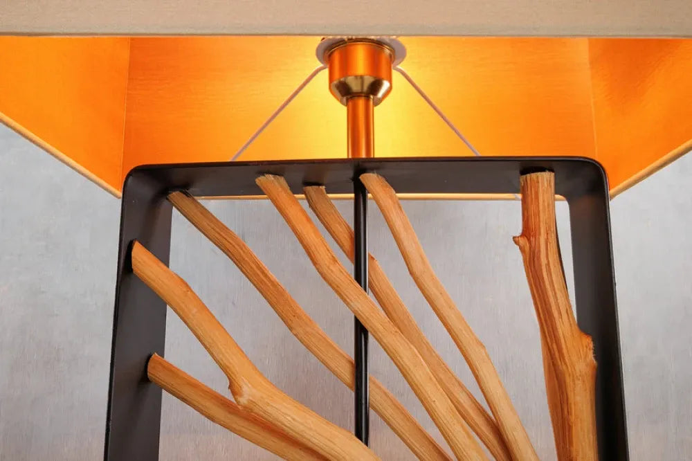 Lampa de podea din Metal/Lemn Negru/Maro si Textil Bej L45xH165cm EUPHORIA