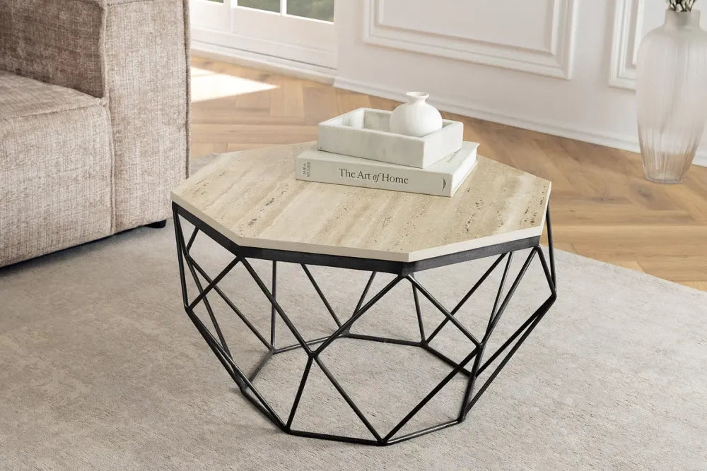 Masuta de cafea din Travertin Bej si Metal Negru L70xH38cm Diamond