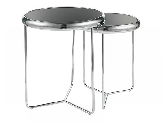 Set 2 masute laterale Rotunda din Sticla securizata Negru si Metal Argintiu D40/47xH45/50cm Scarlet II