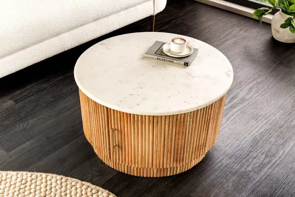 Masuta de cafea din Marmura Alb si Lemn de mango Maro LxH40cm Tres chic
