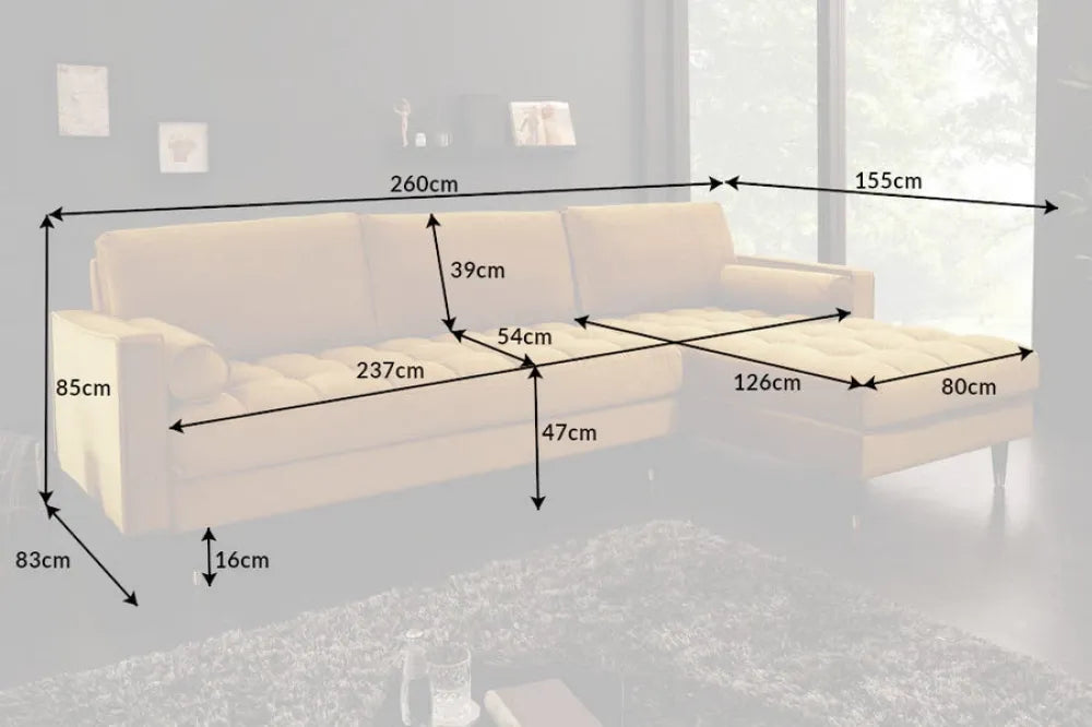 Coltar cu orientare reversibila tapitat cu Catifea Galben L260cm Cozy