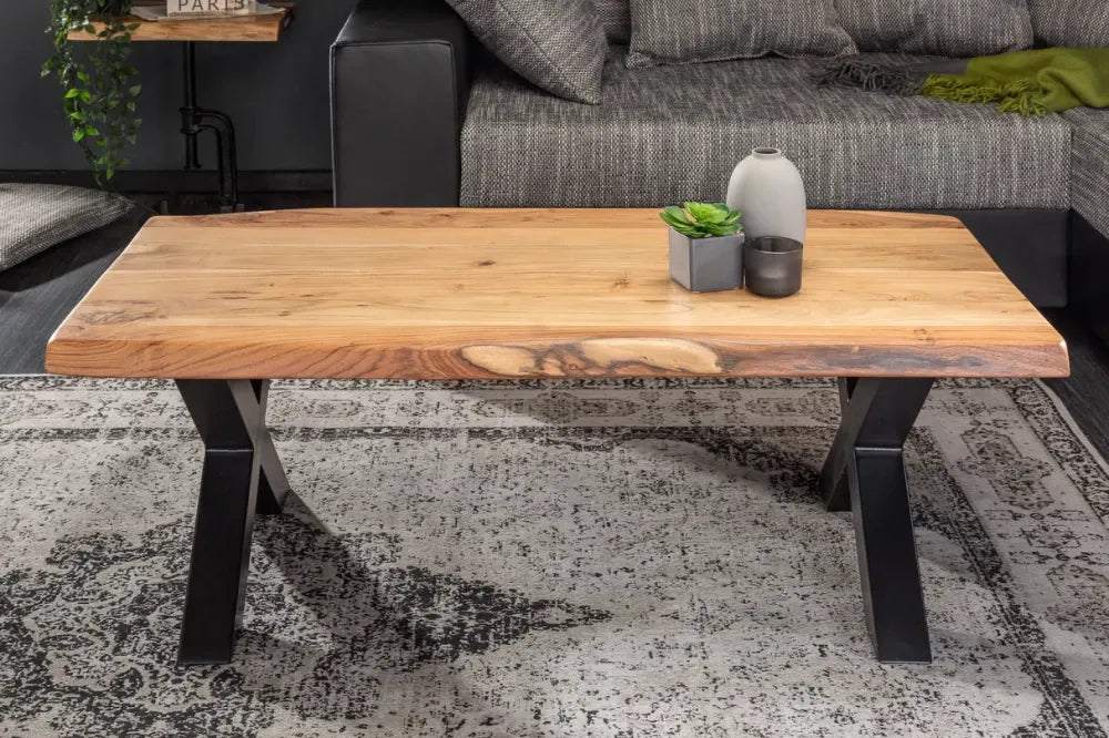 Masuta de cafea Dreptunghiulara din Lemn masiv de salcam Maro si Metal Negru L110xH40cm Mammut