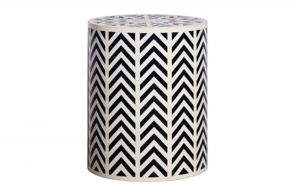Masuta laterala Rotunda din Polirasina Alb/Negru D35xH45cm Bone Inlay