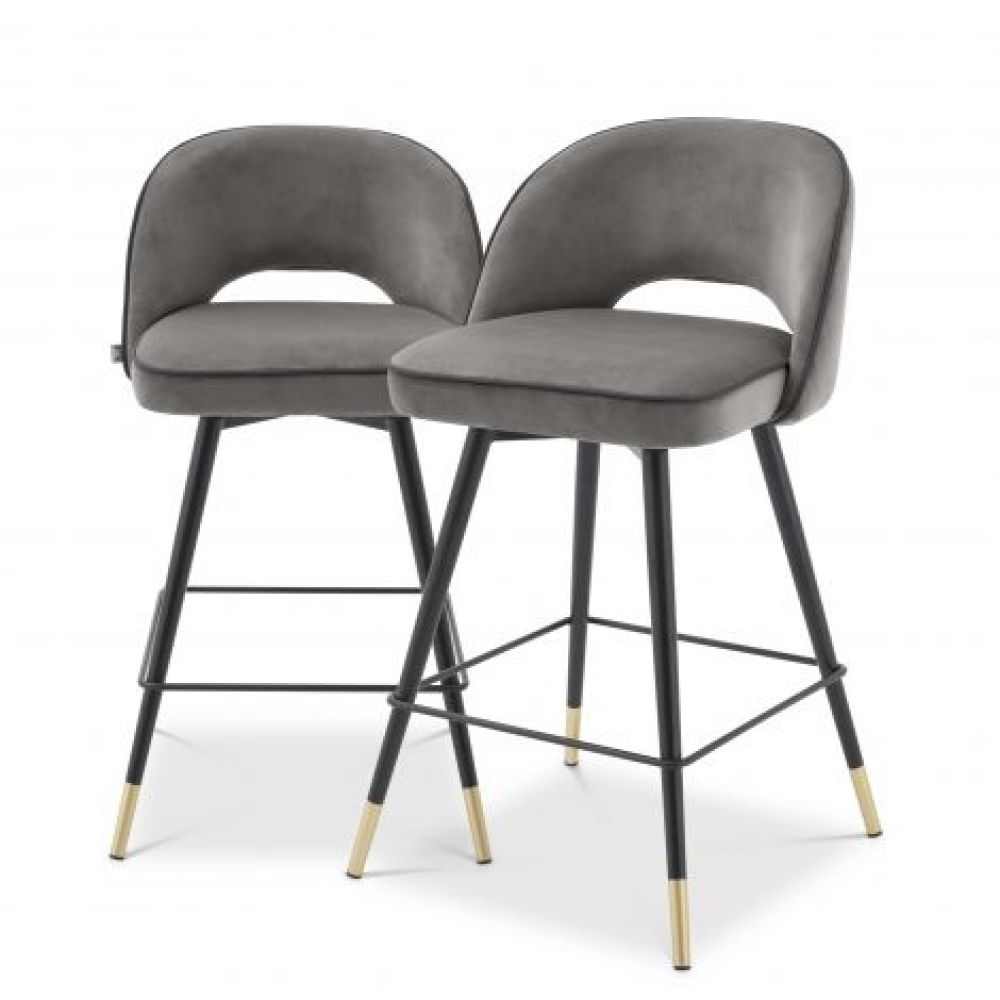 Set 2 scaune de insula rotative tapitat cu Catifea Gri cu picioare din Metal Negru/Auriu H93xL51xA52cm Cliff