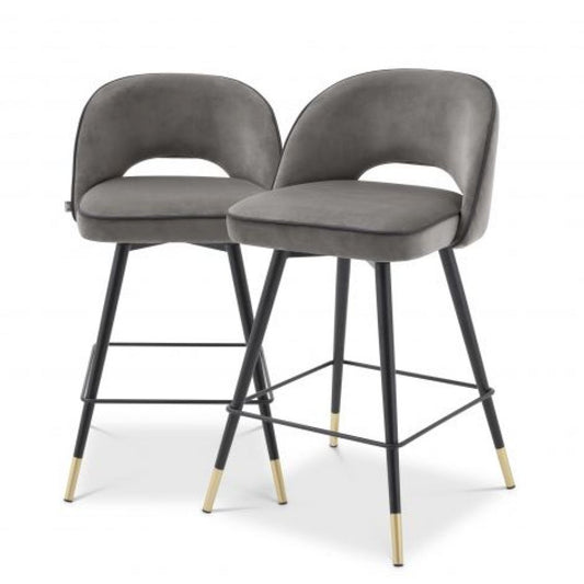Set 2 scaune de insula rotative tapitat cu Catifea Gri cu picioare din Metal Negru/Auriu H93xL51xA52cm Cliff