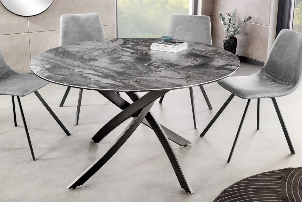 Masa rotunda din Sticla securizata/Ceramica Gri si Metal Negru D120xH74cm Alpine