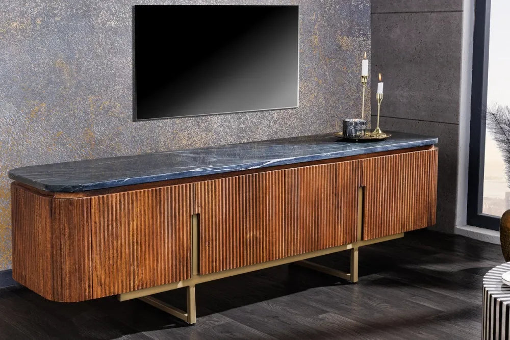 Comoda TV din Marmura Negru si Lemn de mango/Metal Maro/Auriu L160xH50cm GATSBY