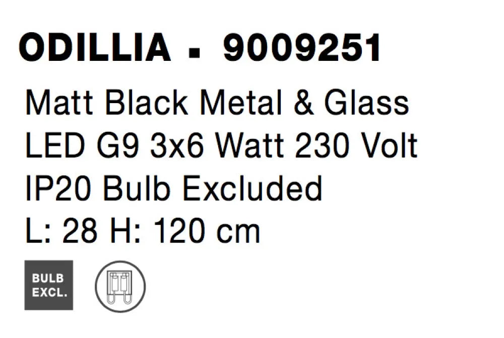 Lustra structura din Metal Negru si abajur din Sticla Transparent H120xL28cm IP20 ODILLIA
