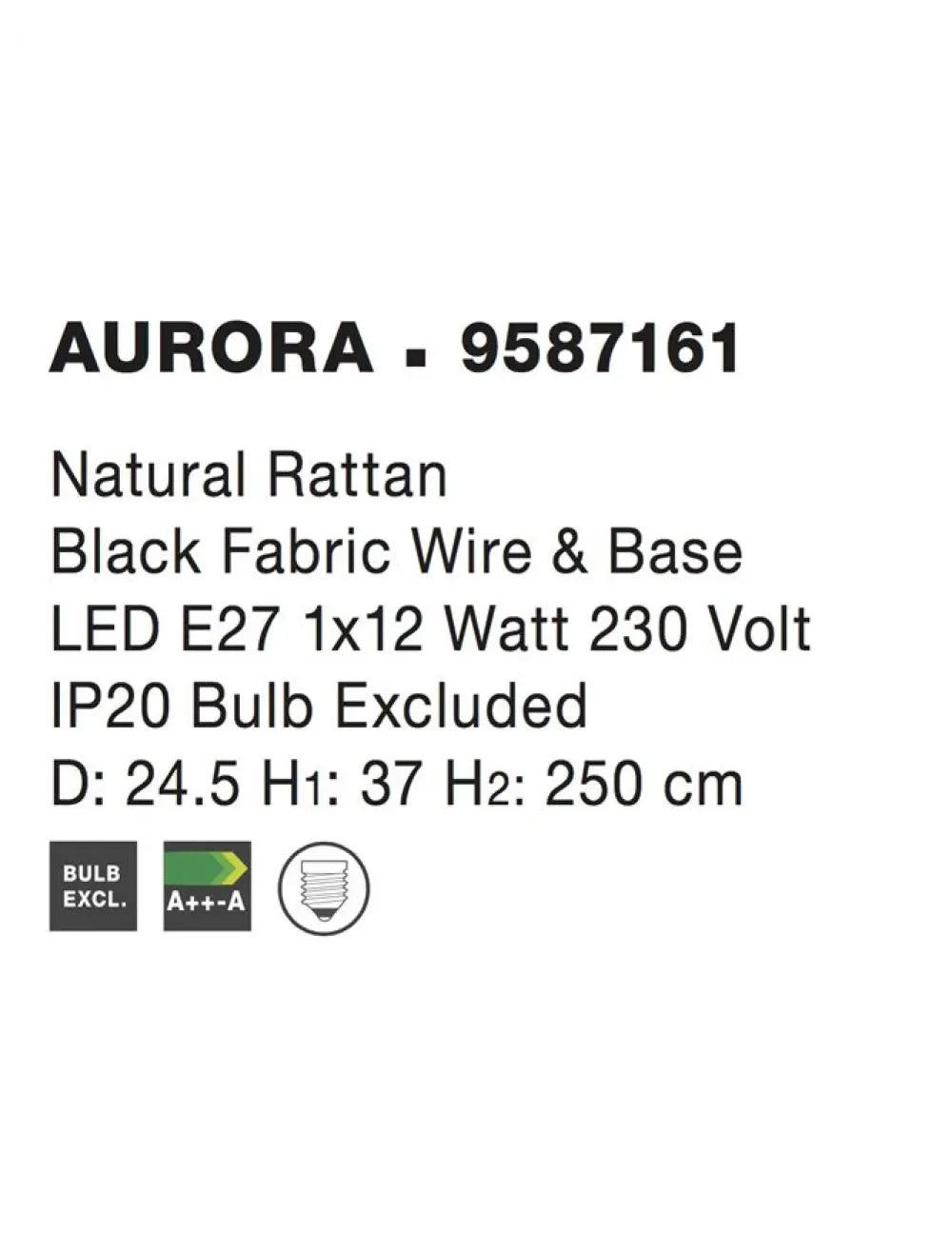 Pendul structura din Metal Negru si abajur din Ratan Bej H250xL24.5cm IP20 AURORA