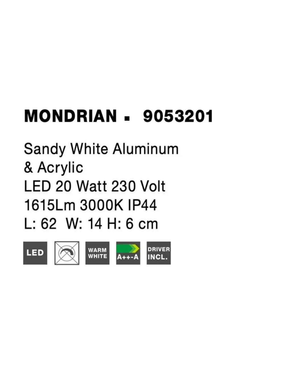 Aplica de perete structura din Aluminiu Alb si abajur din Acrilic Alb H6xL62cm IP44 20W 1615lm 3000k MONDRIAN