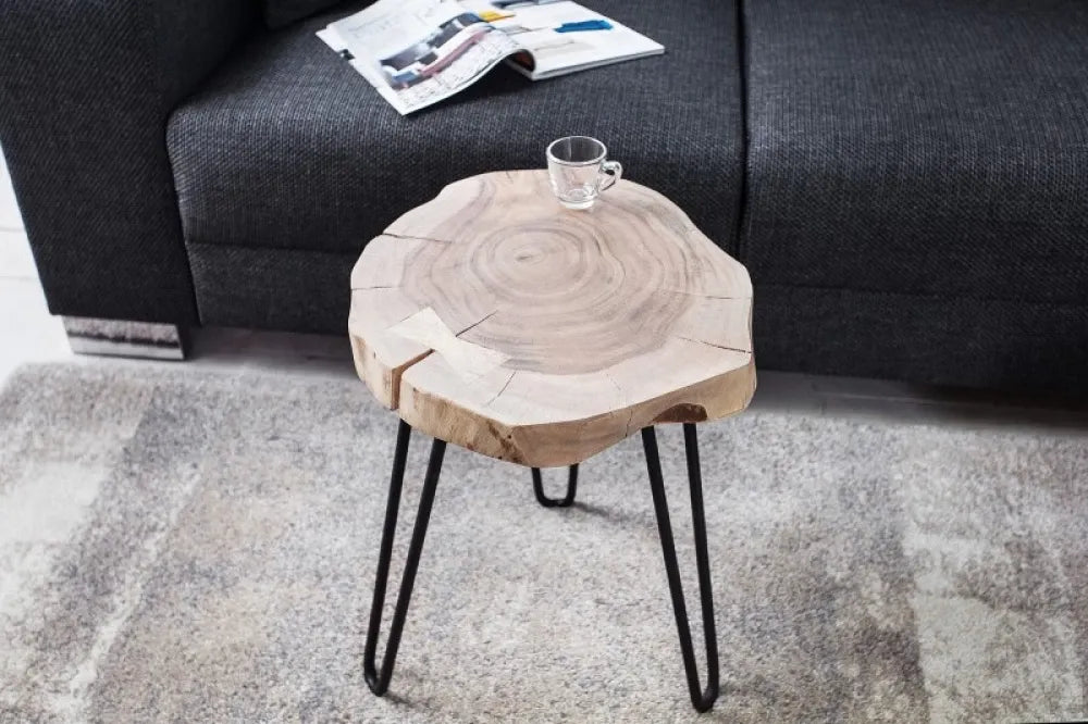 Masuta laterala Rotunda din Lemn masiv de salcam Bej si Metal Negru D40xH45cm Goa II