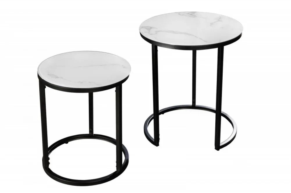 Set 2 Masute de colt Rotunde din Sticla securizata Alba si Metal Negru D40-50xH50-60cm Elegance