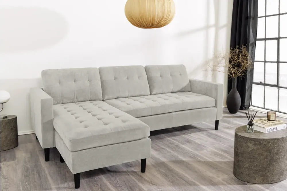 Coltar de 3 locuri tapitat cu catifea raiata Grej L220cm STOCKHOLM