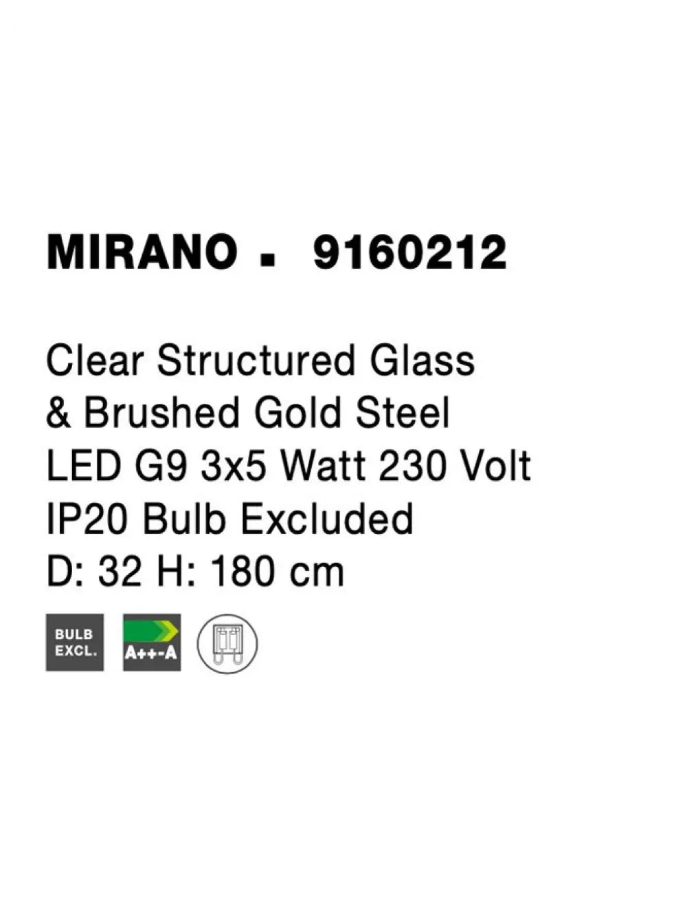 Candelabru structura din Metal Auriu si abajur din Sticla Transparent H180xL32cm IP20 MIRANO