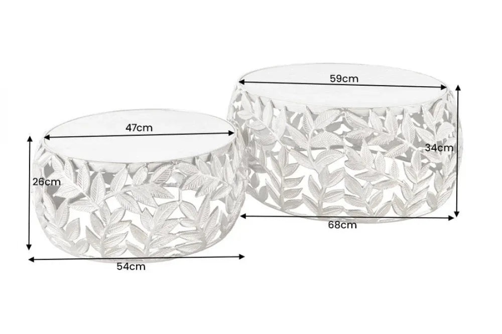 Set 2 masute de cafea din Marmura Alb si Metal Argintiu D54/68xH26/34cm Abstract leaf