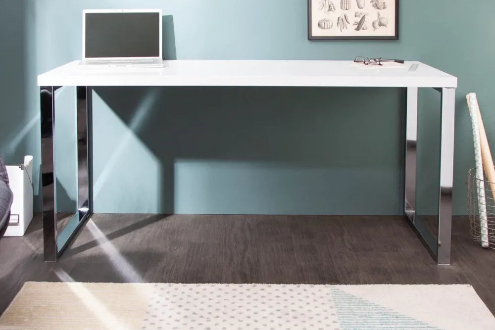 Birou din MDF Alb si Metal Argintiu L140xH75cm WHITE DESK