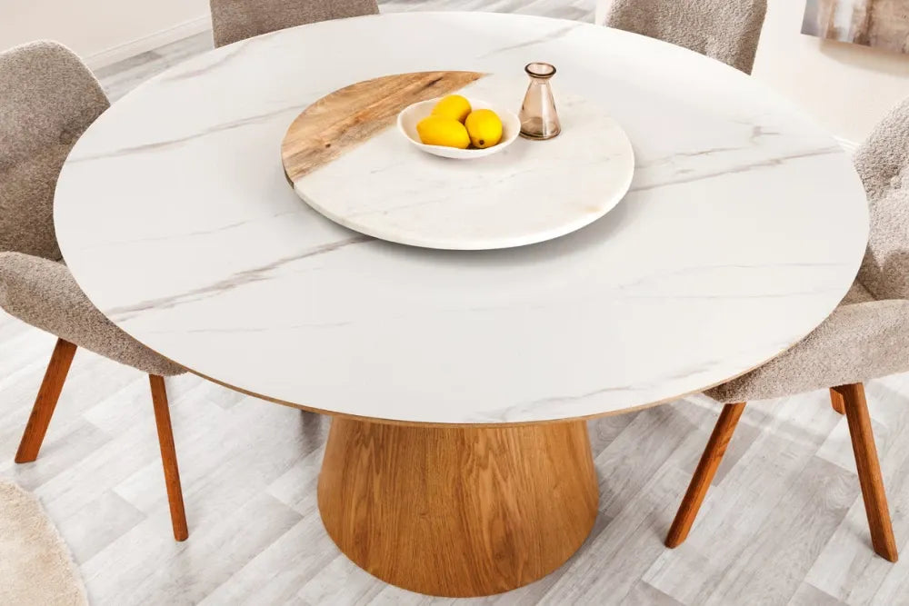 Masa din Ceramica Alb cu efect de marmura si Furnir de stejar Maro D120xH75cm Unique