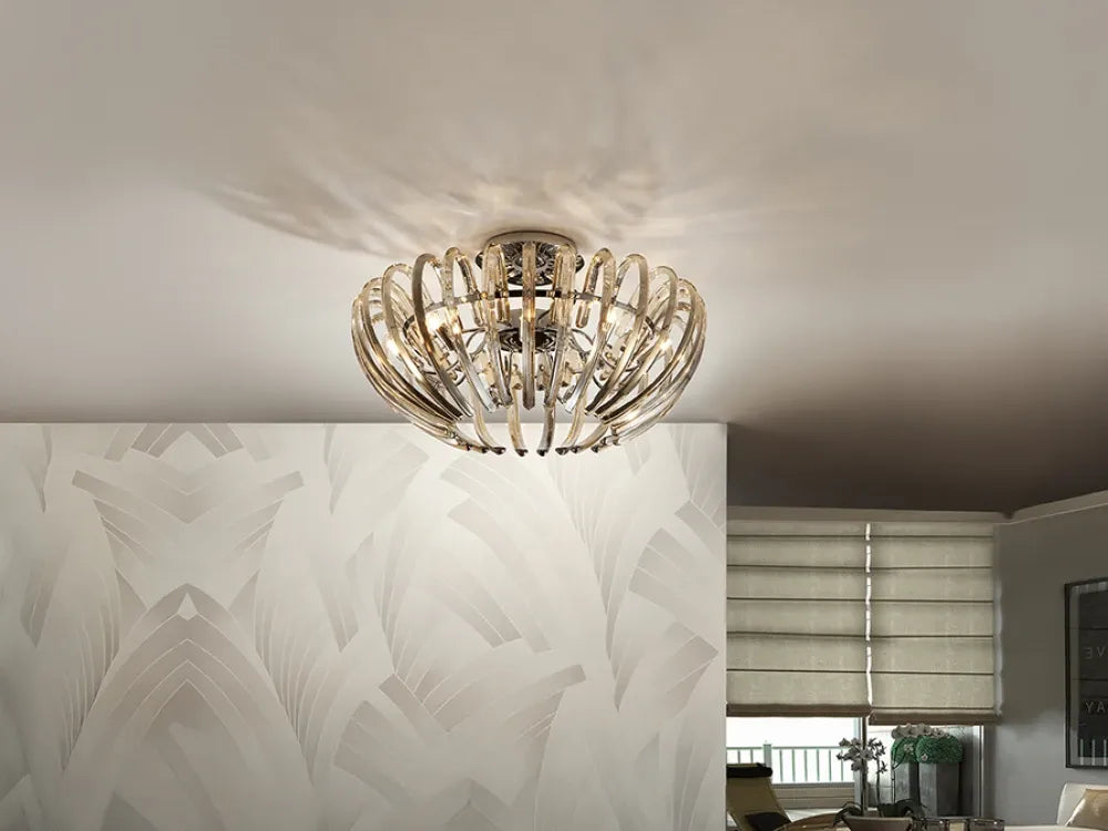 Plafoniera din Metal Crom si Cristal Auriu Sampanie 9x10W D53xH26cm Ariadna