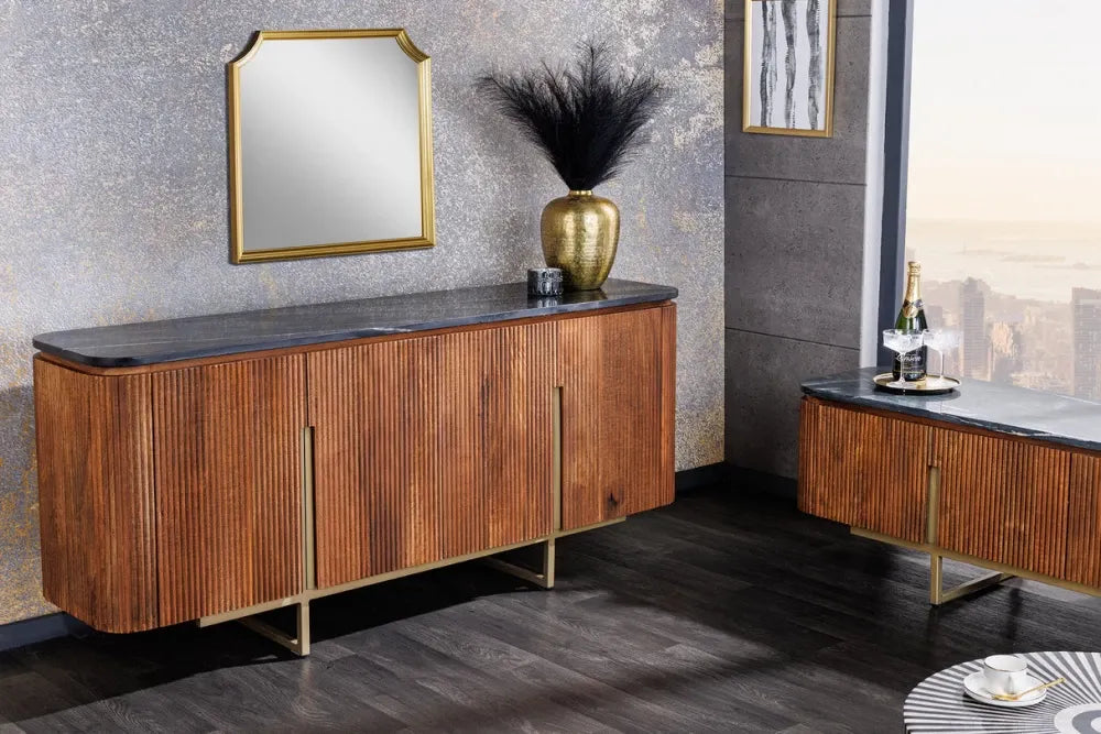 Comoda TV din Marmura Negru si Lemn de mango/Metal Maro/Auriu L160xH50cm GATSBY