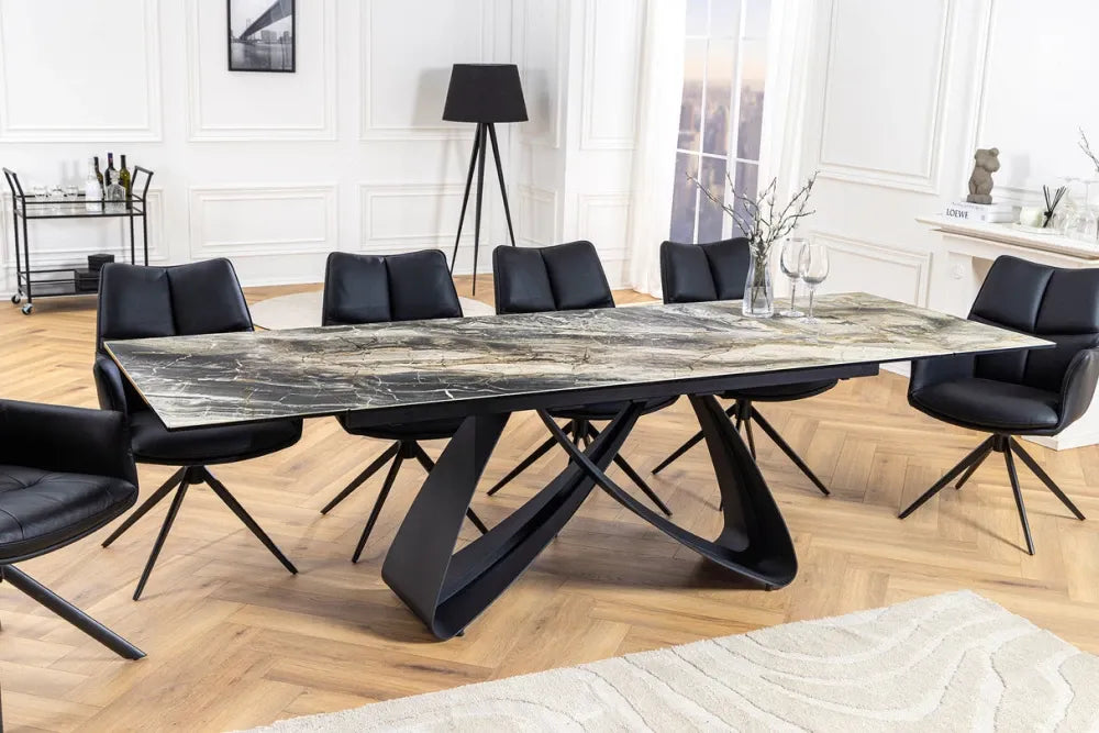 Masa din Sticla securizata/Ceramica Maro taupe si Metal Negru L180-220-260xH76cm Infinity