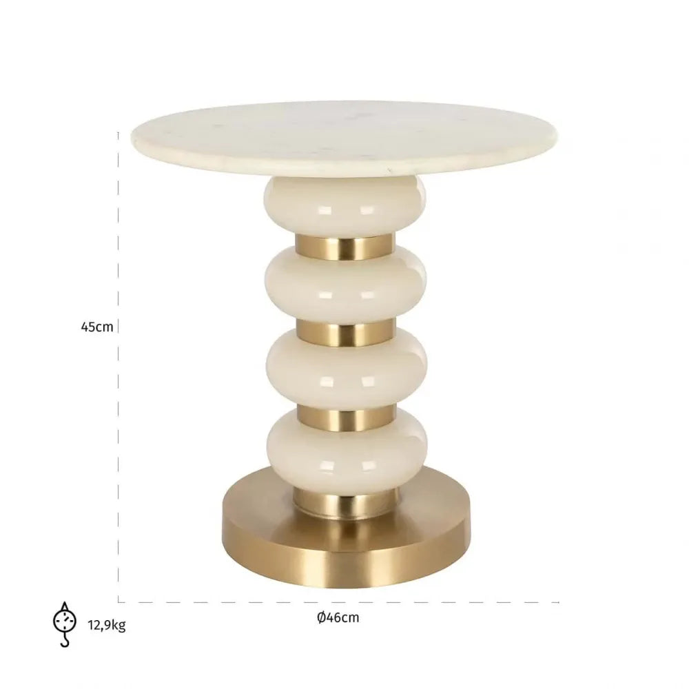 Masuta laterala Rotunda din Marmura Bej si Metal/Sticla Auriu/Alb D46xH45cm Boann