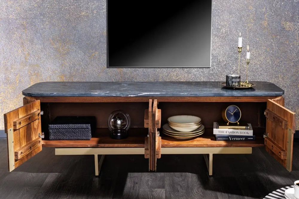 Comoda TV din Marmura Negru si Lemn de mango/Metal Maro/Auriu L160xH50cm GATSBY