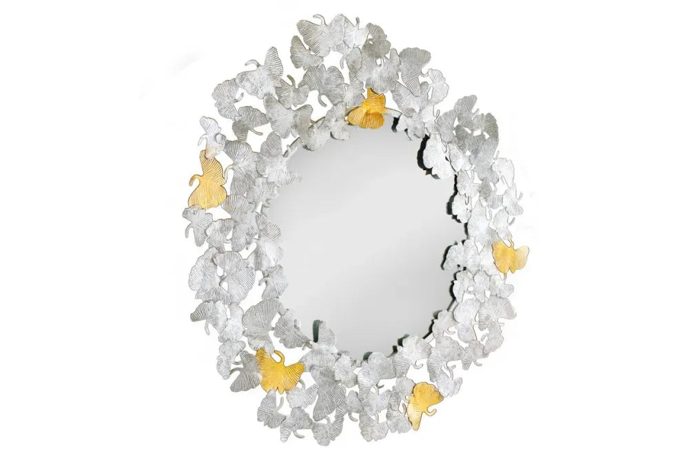 Oglinda cu rama din Metal Auriu/Argintiu D92cm Ginkgo Leaves