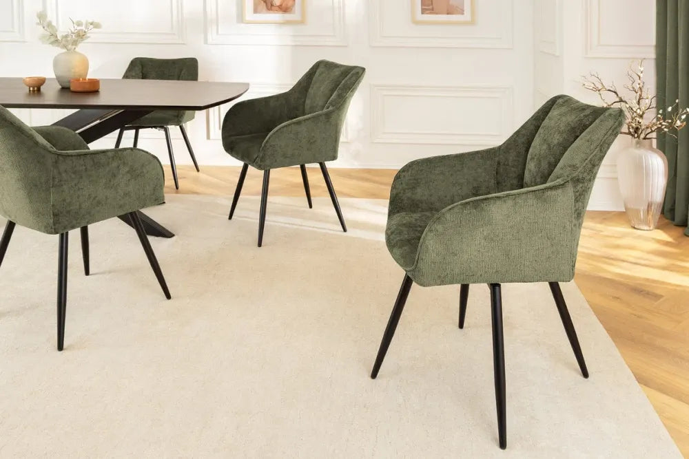 Set 2 scaune rotative cu brate tapitat cu Chenille Verde si picioare din Metal Negru H85xL55xA58cm Avignon