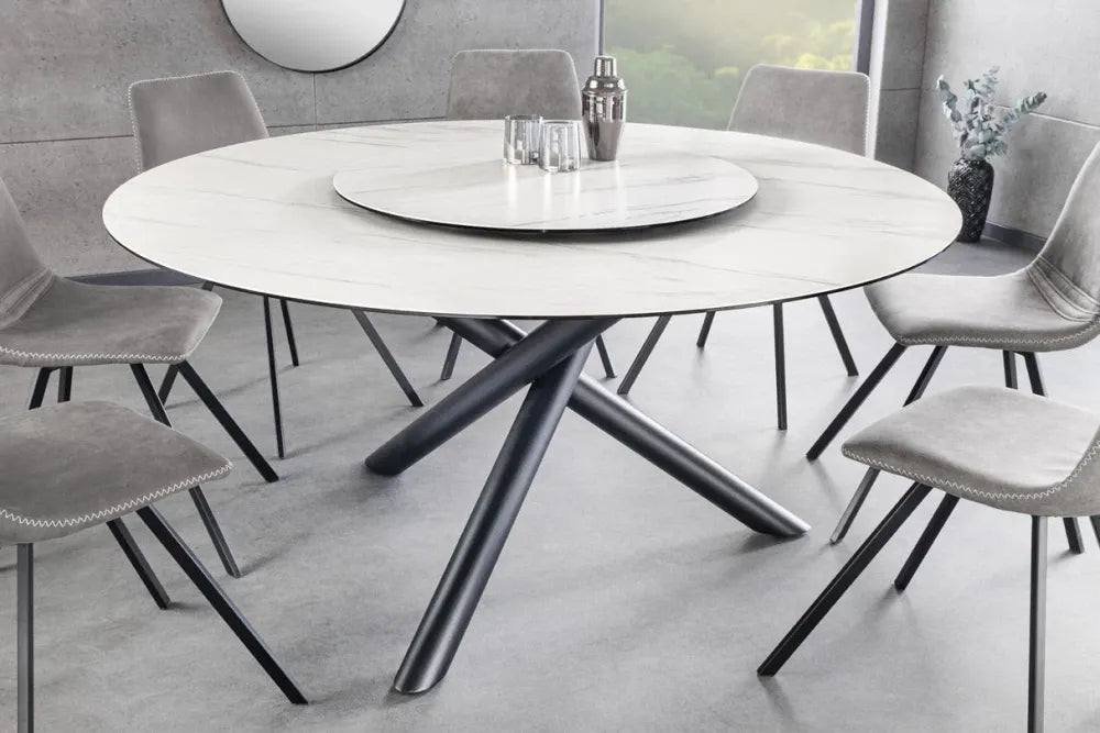 Masa rotunda din Ceramica Alb cu efect de marmura si Metal Negru D150xH76cm Spin