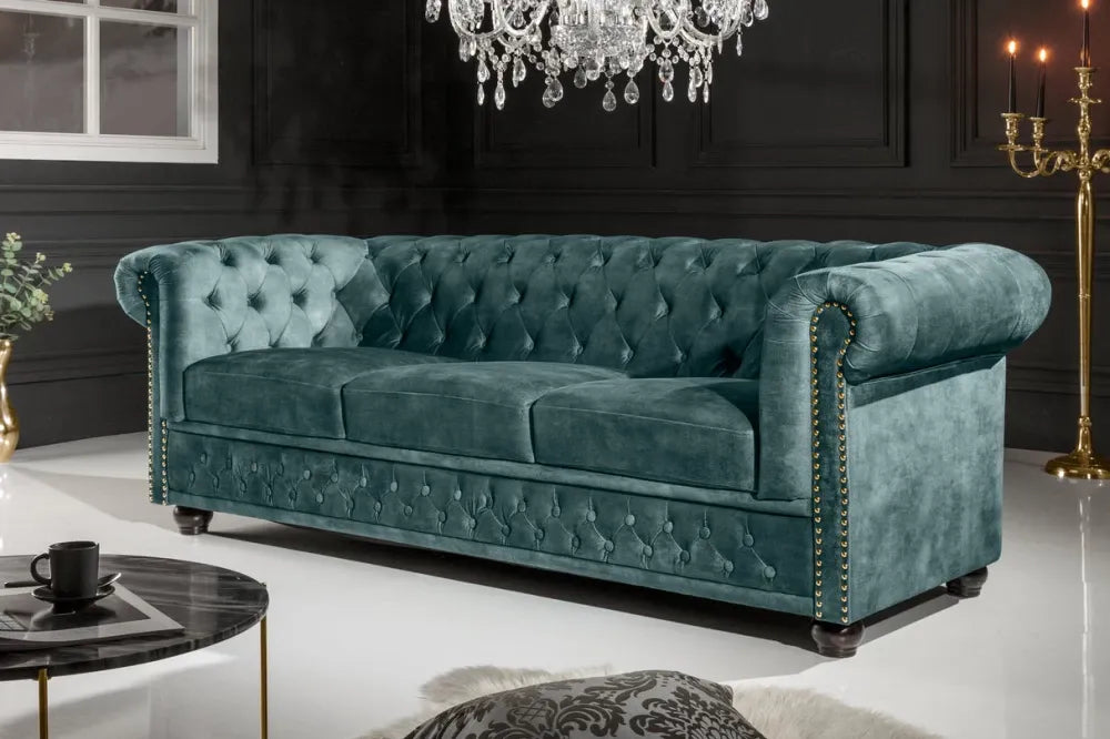 Canapea 3 locuri tapitat cu Catifea Turcoaz L205cm Chesterfield