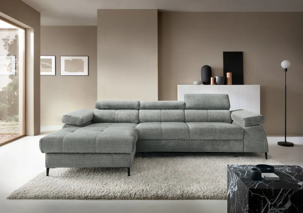 Coltar extensibil tapitat cu Chenille Gri inchis cu lada depozitare Cordoba I
